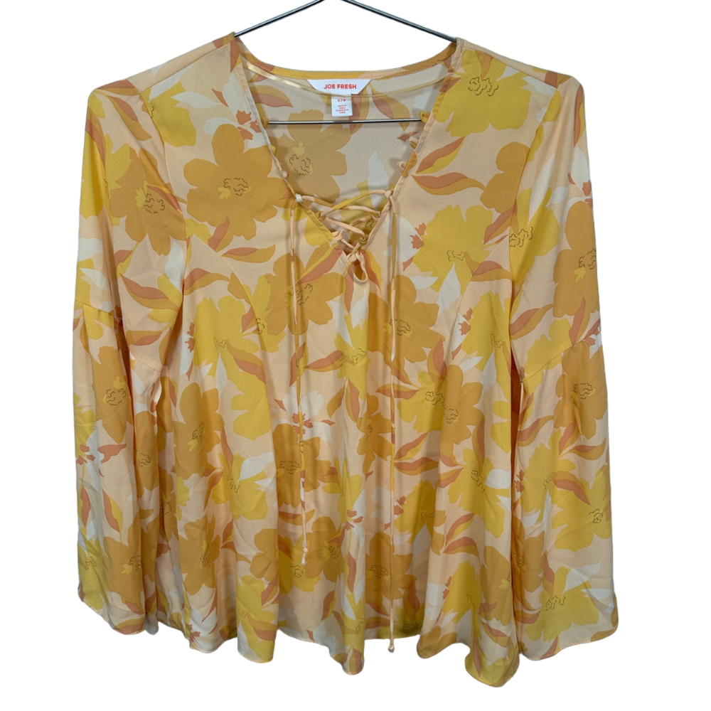 Boho Chic Bright Yellow Flowers Bell Sleeve Peasant Blouse Small